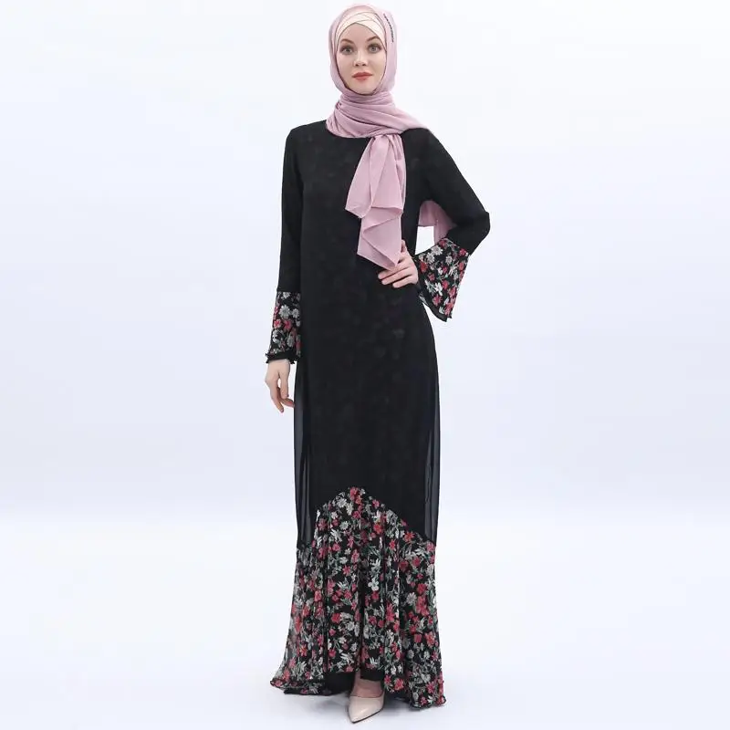 Женское шифоновое мусульманское длинное платье макси с цветочным принтом, двусторонняя абайя, Кафтан Дубай халат с расклешенными
