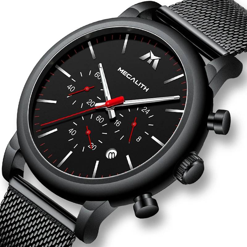 

MEGALITH Fashion Sports Mens Watches Waterproof Quartz Watch Military Stainless Steel Mesh Strap Wristwatch For Men Clock