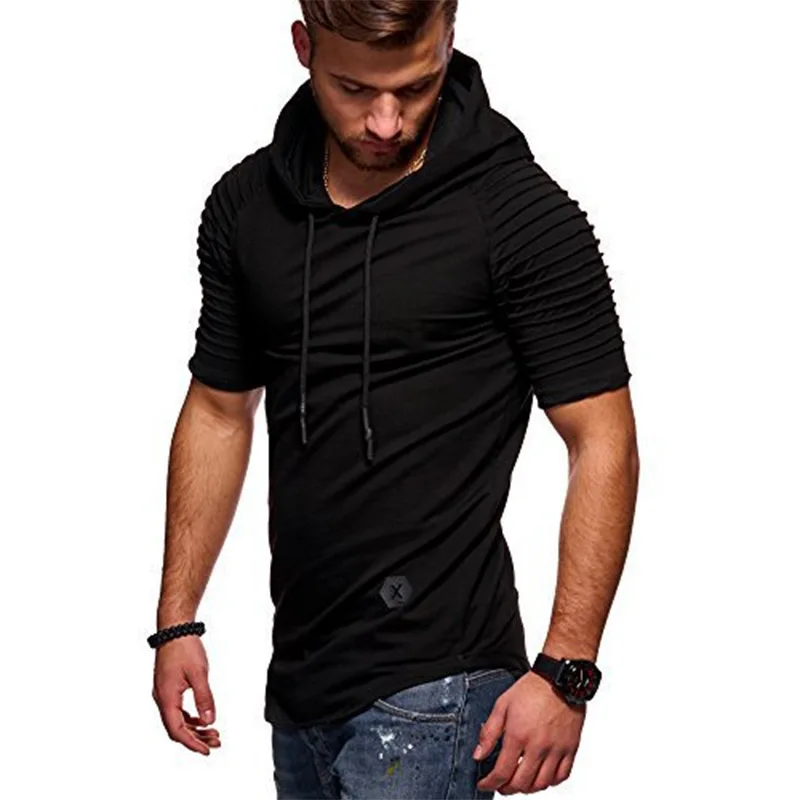 

2018 Models Men's T-shirt Striped Cuff Fitness Hooded Leisure Sports Casual hooded short sleeve white t-shirt white black