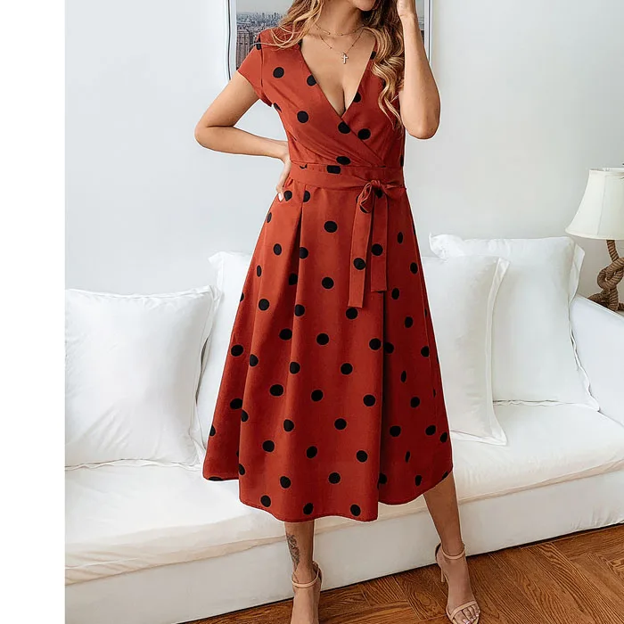 

Fashion Women Dot Midi Dress Lady Casual V Neck Short Sleeve Elegant Femal Vestidos Dresses 2019 Summer
