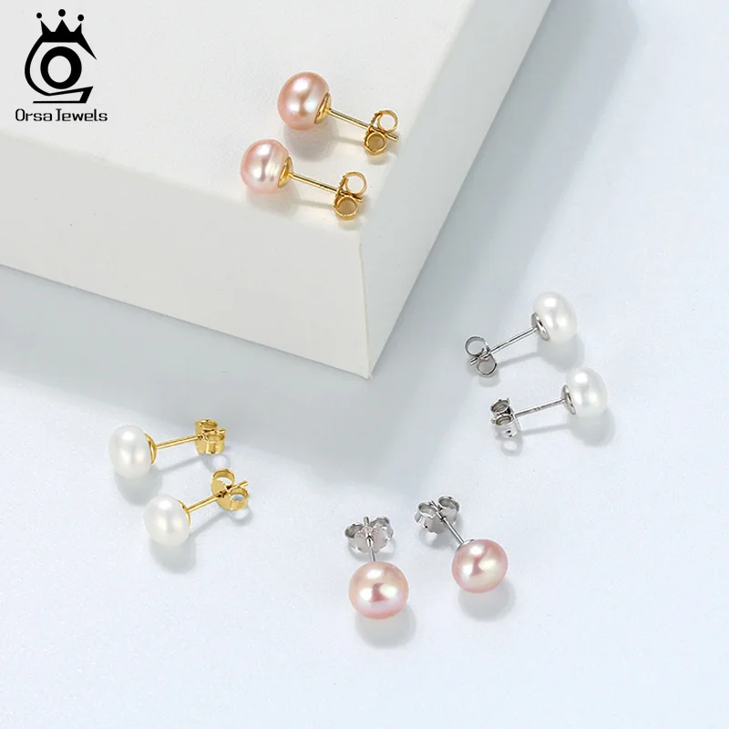 ORSA JEWELS Real 925 Sterling Silver Stud Earrings For Women Genuine Fresh Water Pearl 8 MM Gold-color Female Party Jewelry SE86 - Image 4