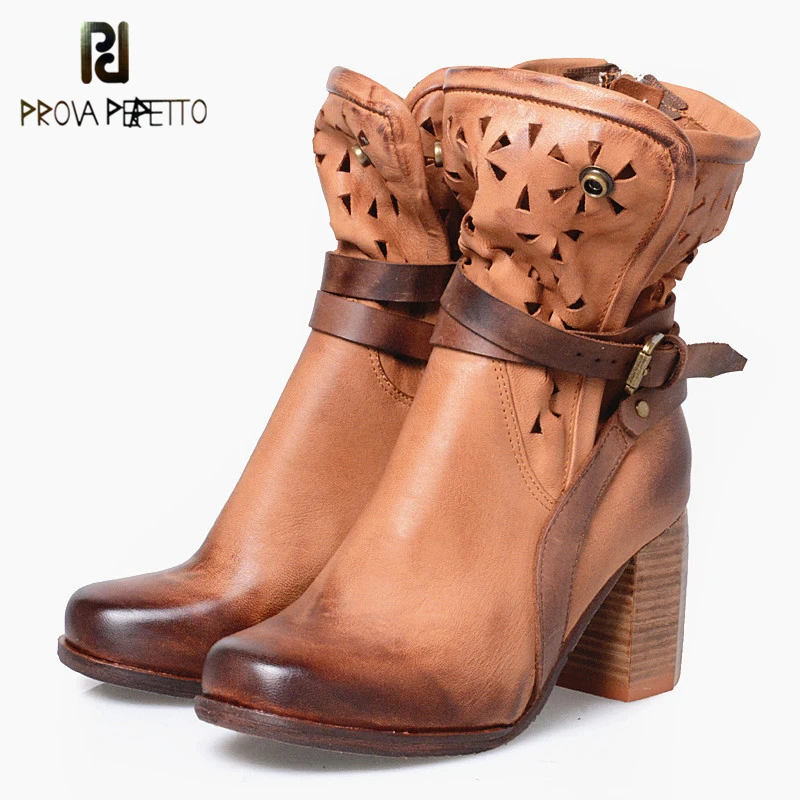 

Prova Perfetto British Style Elegant Sheep Genuine Leather Ankle Buckle Hollow Out Flower Boots Back Strap Chunky High Heel Boot