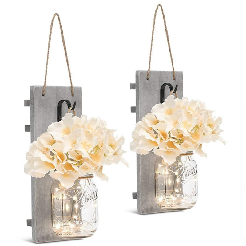 

Wall Pendant Light String Wrought Iron Hooks White Rustic Hydrangea Led Strip Light Button Battery Light Flower Board