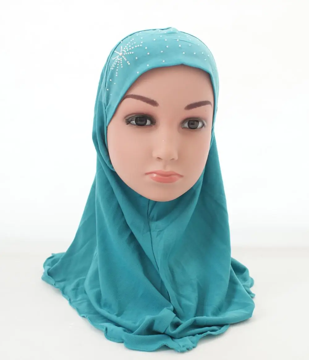 Мусульманский хиджаб для девочек, исламский шарф в арабском стиле, шали, красивые стразы, модные головные уборы, аксессуары для детей от 3 до 8 лет - Цвет: blue green