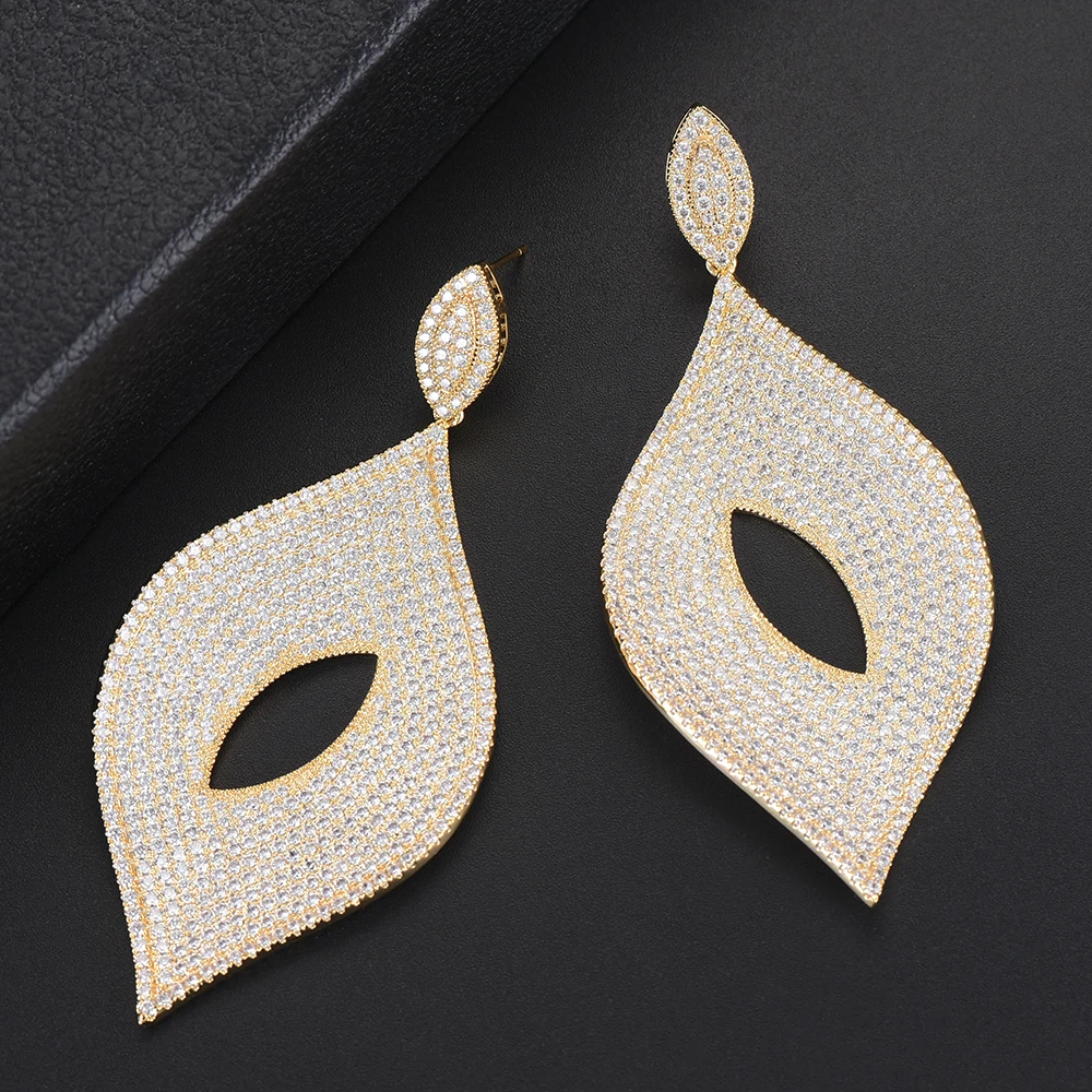 

Luxury African gold earrings Leaf Shape Hollow Cubic Zirconia drop earrings jewelry christmas earrings For Women Engagement