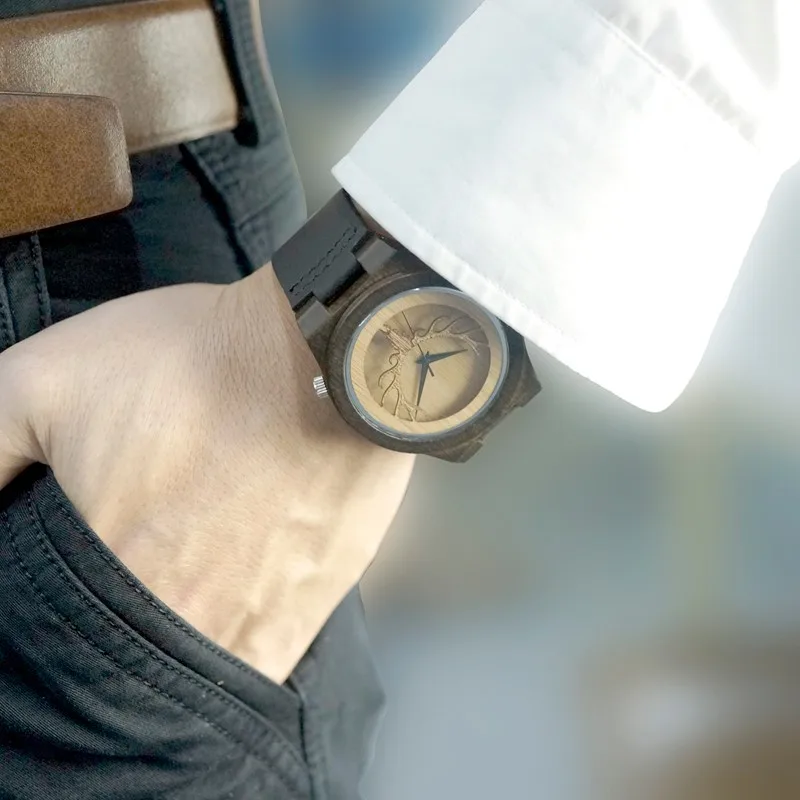 BOBO BIRD Men watches Deer Head Ebony Wooden Quartz WristWatch Mens Timepiece with Leather Band in Gift box erkek kol saati