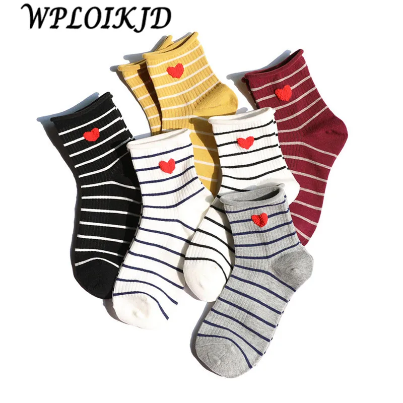 [WPLOIKJD] Японские носки harajuku новые милые простые носки в полоску с сердечками креативные носки в студенческом стиле жаккардовые носки женские носки