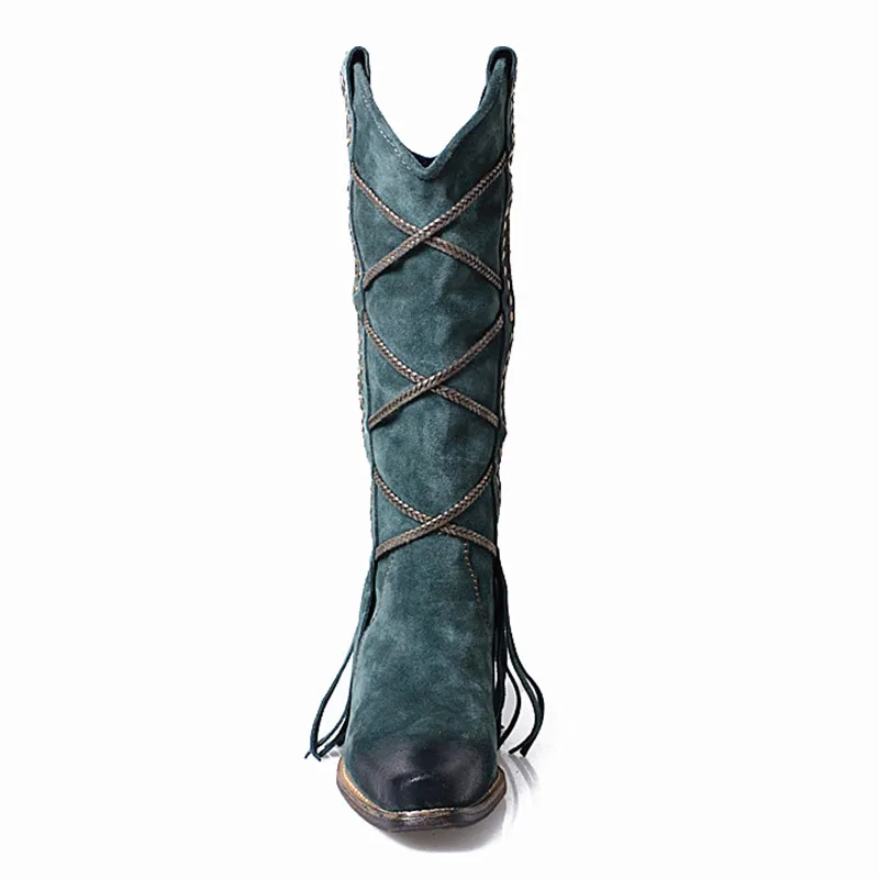 Estilo Moda Blue Square Toe Cremallera Botas Knight Magic Negro tied lado In blue Perfetto Mujer Prova Retro Fringe In Grace Design plush Cruz leather w5X6qU76px