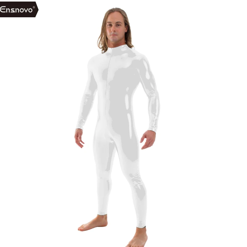 White Ensnovo мужской латексный костюм черный блестящий металлик колготки золото Zentai костюм полный тело Unitard пользовательские кожи боди молния спереди - Цвет: White