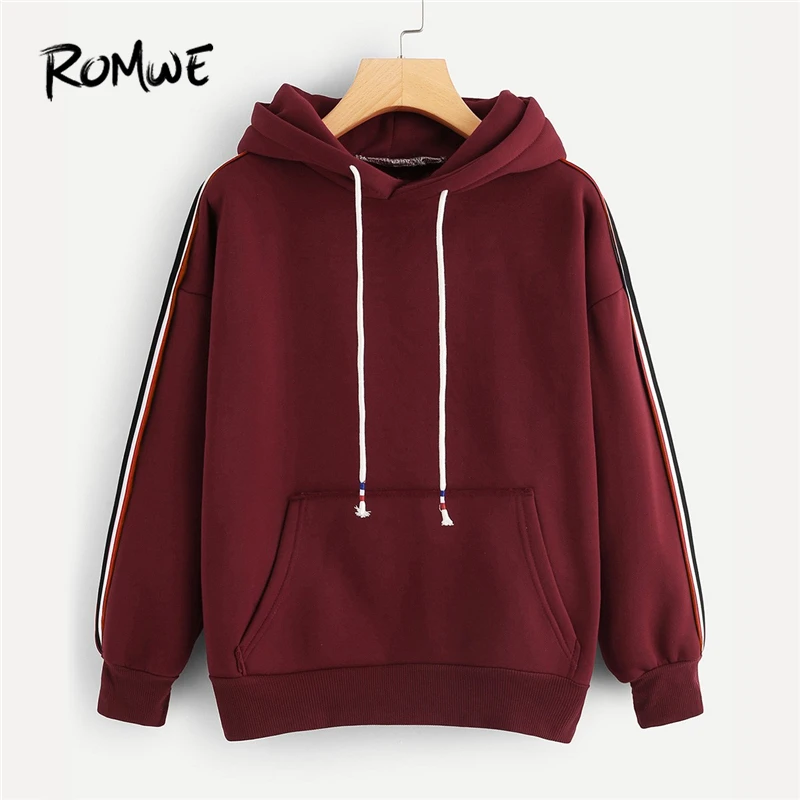 

ROMWE Burgundy Drawstring Striped Pocket Hoodie Women Casual 2019 Autumn Hooded Long Sleeve Clothing Ladies Pullovers Sweatshirt