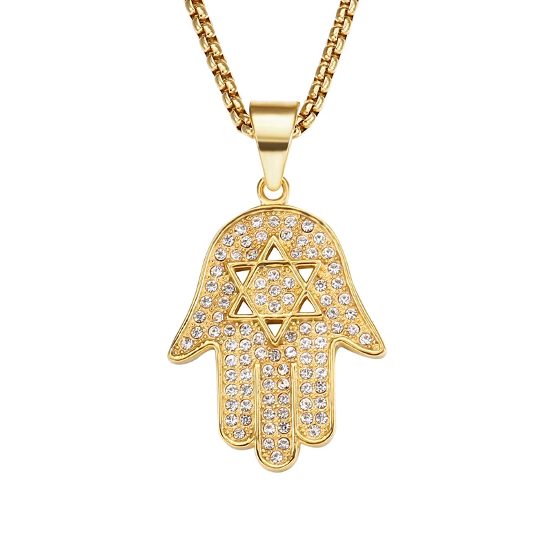 D&Z льдом еврейской звезды Бог ручной амулет подвески и ожерелья Золото Нержавеющая сталь Фатимы ожерелья «Хамса» Для мужчин хип-хоп ювелирные изделия