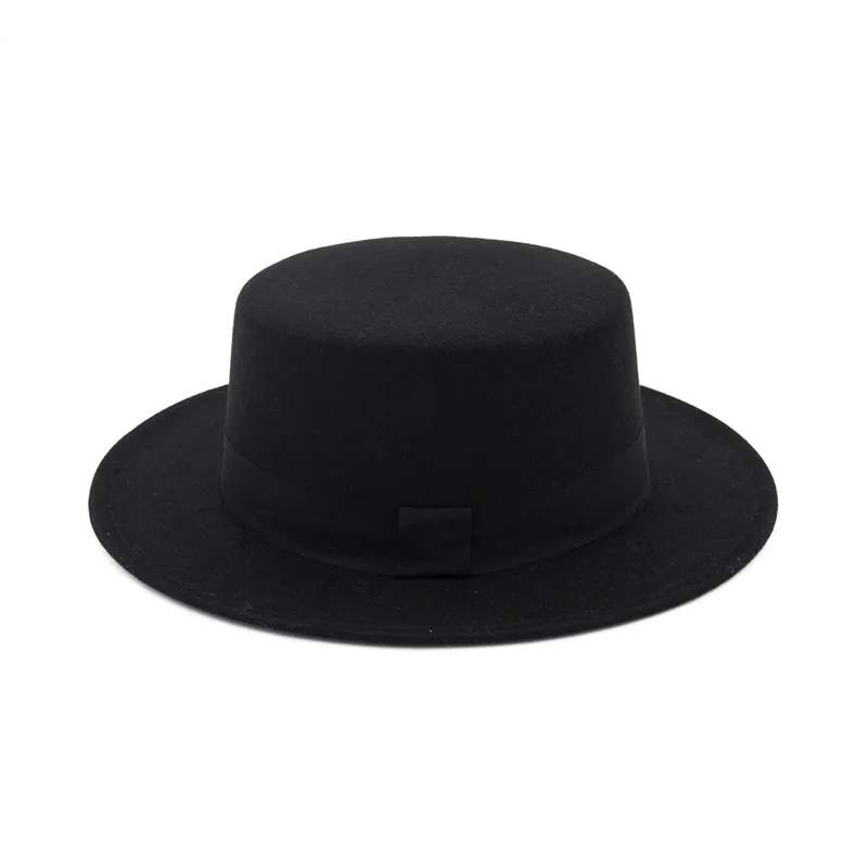 4_ Fashion Men Wool Boater Flat Top Hat For Women Wide Brim Felt Fedora Hats For  Gentleman Bowler Cap With Black Ribbon Sombrero Hombre