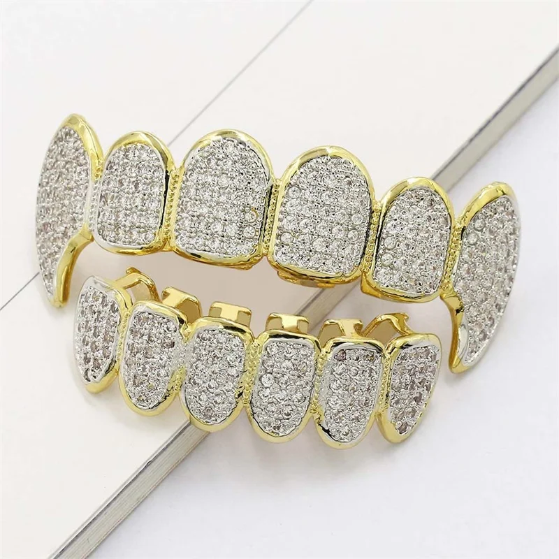 

Men's Hip Hop Grill 6 Top Bottom Teeth Gold Silver Color Full Micro Pave Zircon GRILLZ Mouth For Men Women Rapper Body Jewelry