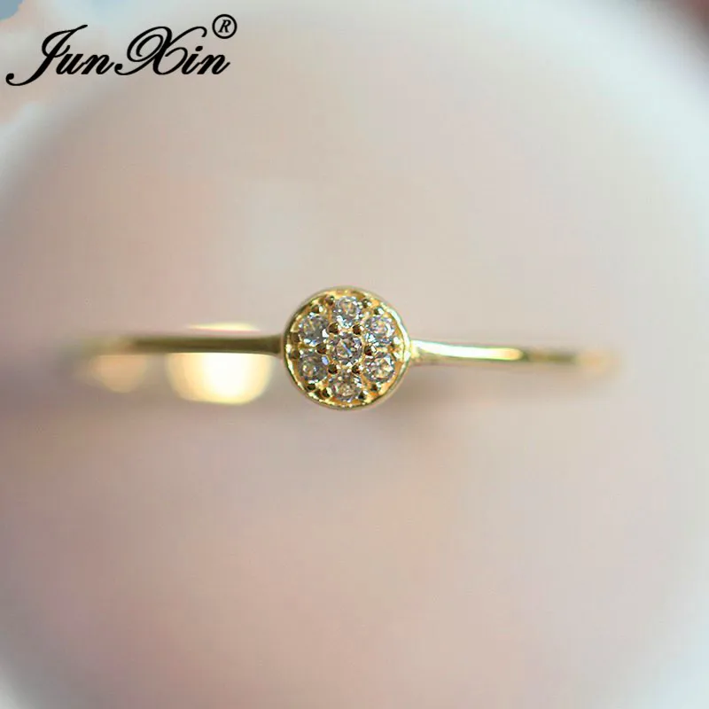 JUNXIN женское маленькое Кристальное круглое кольцо с камнем Желтое золото заполненное белым цирконием Изящные минималистичные свадебные тонкие кольца для женщин