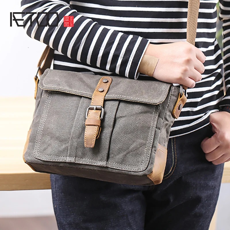 

BJYL Waterproof oil wax canvas bag casual literature single shoulder oblique cross bag men's retro postman bag