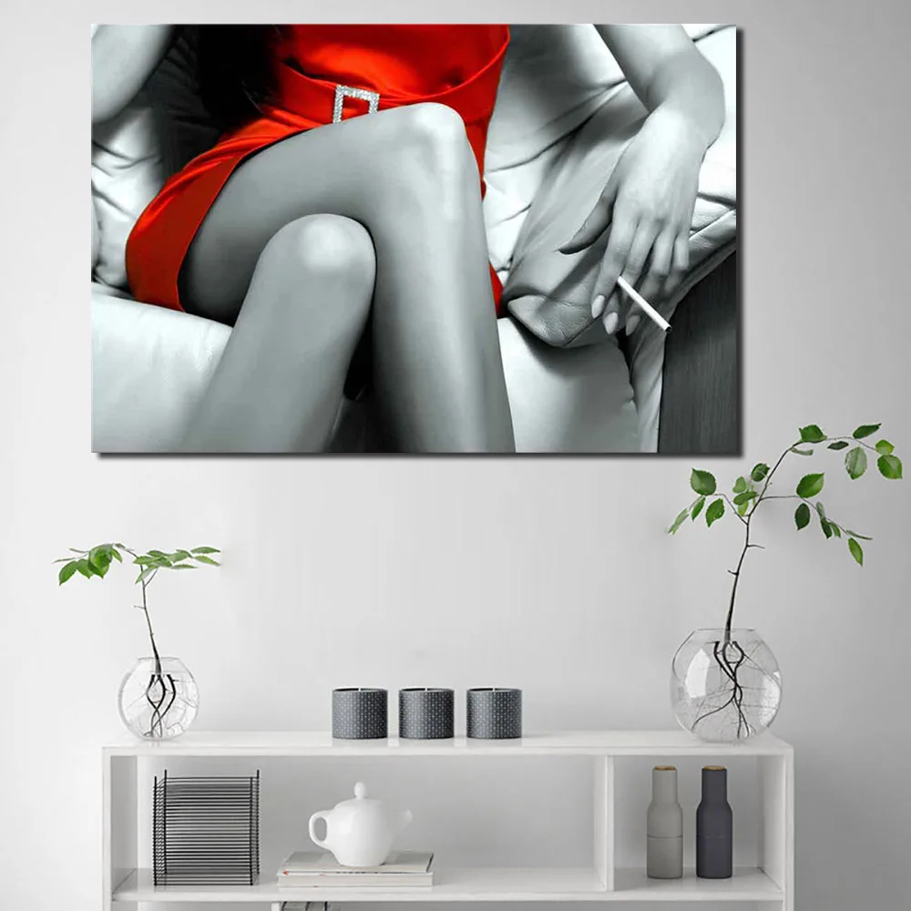 

Sexy Women in Red Skirt Canvas Painting Decor Poster Modern Figure Wall Art Picture Smoking Lady HD Spray Painting for Bed Room