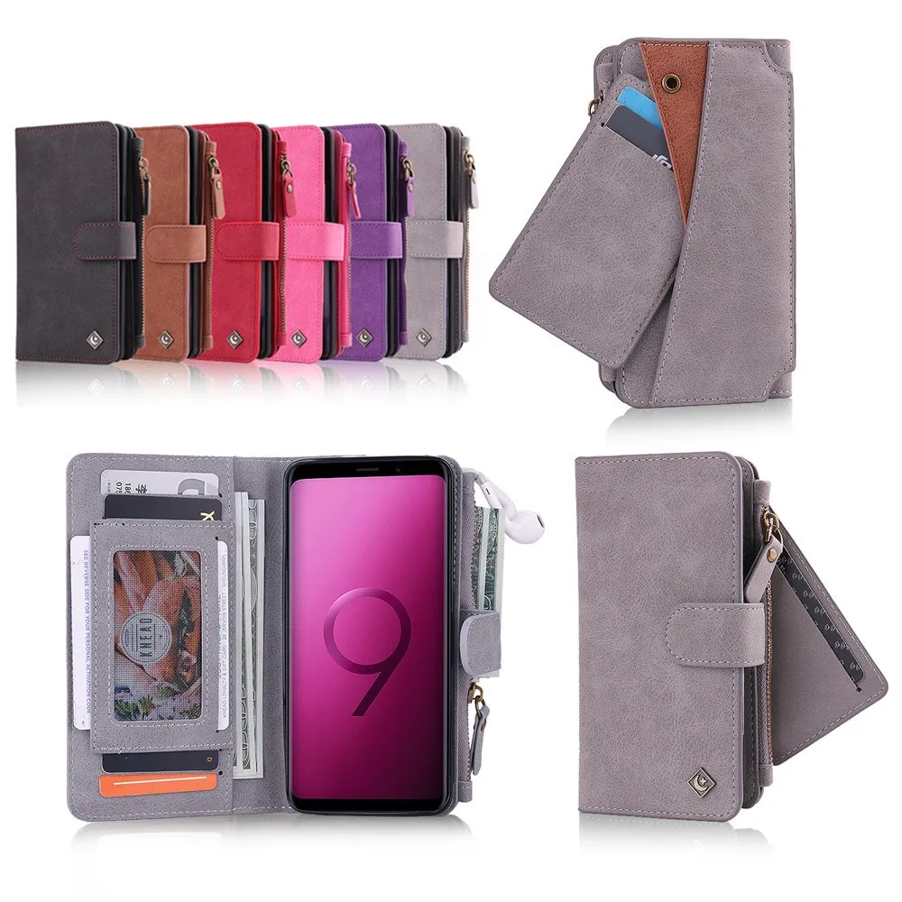 

Luxury Leather Flip Cover For Galaxy S7 S8 S9 Note8 Note9 Magnet Back Cover with Purse Stand Card Slot Zipper Wallet Phone Case