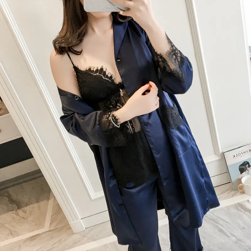 

Lisacmvpnel 3 Pcs Sexy Lace Women Pajama Sets With Pad Nightdress Female Sleepwear Set