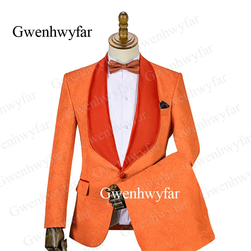 Gwenhwyfar 2 шт. Мужские жаккардовые костюмы оранжевые цветные смокинги мужские s торжественное платье мужской костюм свадебный смокинг куртка брюки