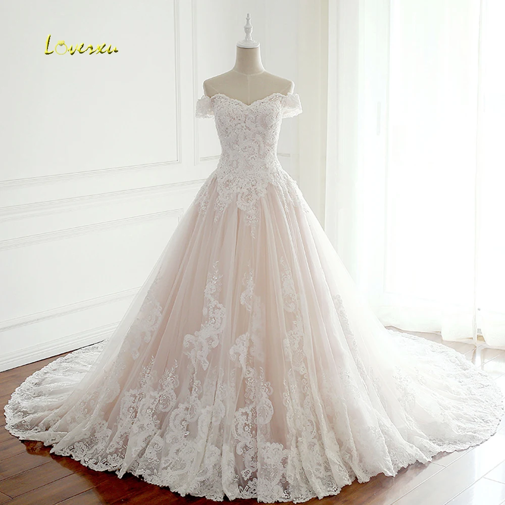 

Loverxu Vestido De Noiva Sexy Boat Neck A Line Wedding Dresses 2019 Appliques Beaded Pearls Chapel Train Bridal Gown Plus Size