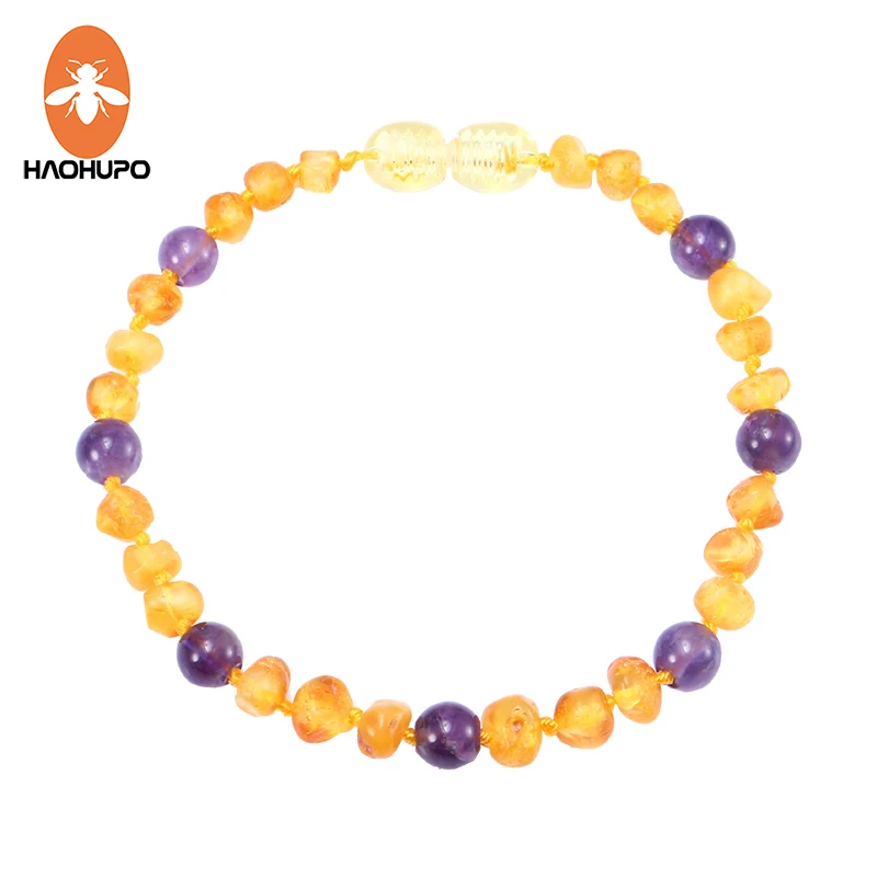 

HAOHUPO Raw Amber Bracelet/Necklace with Amethyst for Baby Teething Authentic Natural Irregular Amber Beads Kid Women Jewelry