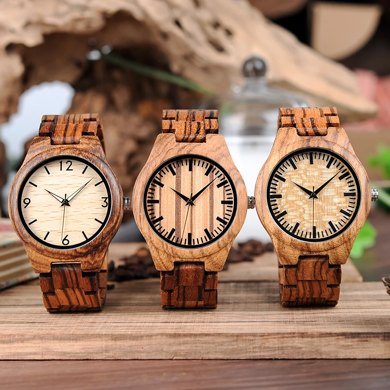 BOBO BIRD Mens Zebrawood Wooden Watches with Wood Strap Quartz Analog with Quality Miyota Movement Tri-Fold Clasp