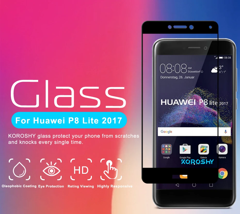 KOROSHY Full Cover Tempered Glass for Huawei P8 Lite 2017 P8Lite P 8 Lite 2017 Screen Protector 9H Scratch Proof Glass Film (4)