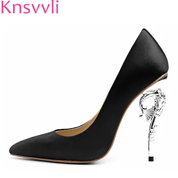 

Women Pumps Luxury Satin High Heel Shoes Woman Pointed Toe Metal Strange Heeled Pumps Stiletto Women Wedding Shoes