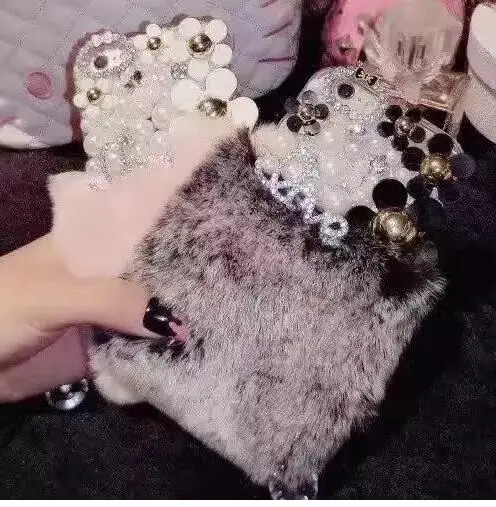 Элитная Кролика Горный Хрусталь Case Меховой Теплая Зима Bling мягкий Назад Телефон