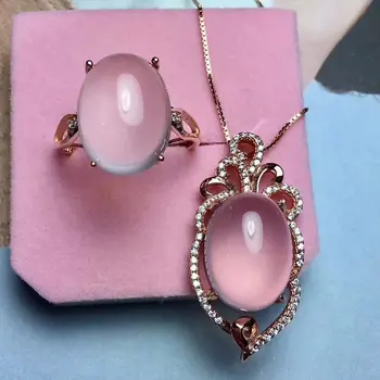 

Fidelity Natural 12*16mm pink Chalcedony s925 sterling silver ring necklace fine jewelry set for women natural pink gemstone