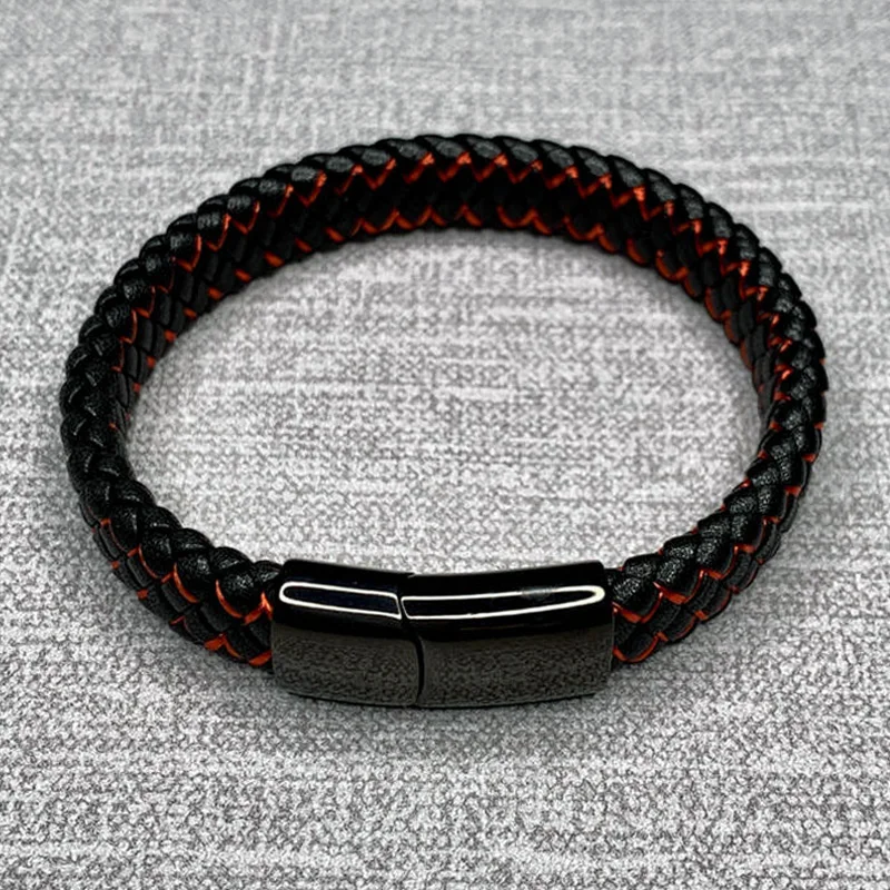 Плетеные черные, красные кожаные браслеты для мужчин, нержавеющая сталь, магнитная пряжка, очаровательные браслеты, модные мужские браслеты на запястье, подарки