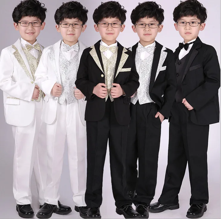 Комплекты одежды для мальчиков в английском стиле; Стиль с длинными рукавами цвет серебристый, золотой лоскутное пиджаки задний фон для детской и свадебной одежды костюмы 5 шт./компл
