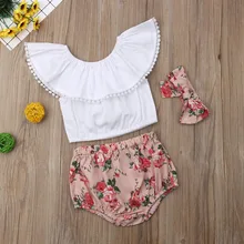 Укороченный топ с кисточками и оборками для новорожденных девочек, Короткие штаны с цветочным принтом, летняя одежда из 3 предметов