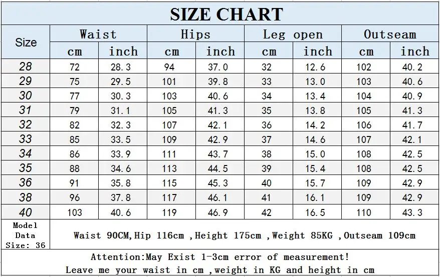 Men's Elegant Slim Fit Stretch Jeans Size Chart 1