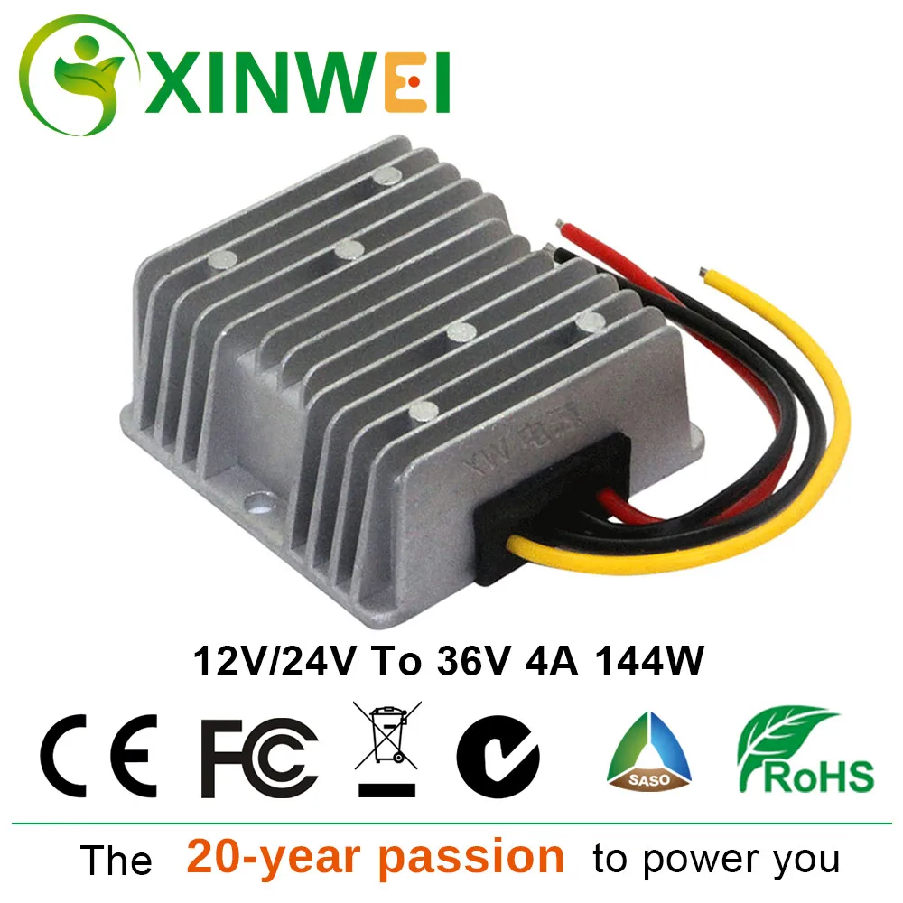 XINWEI DC 12 V 24 V к DC 36 V 4A 144 W повышающий преобразователь мощности Алюминиевый неизолированный бак для автомобиля и usb-вентилятор