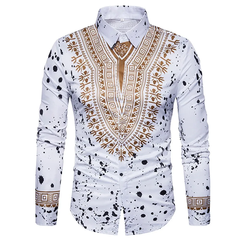 Womail New Arrival Men's Autumn Casual African Print Pullover Long Sleeved Korean Slim Design Casual Male Tops And Blouses