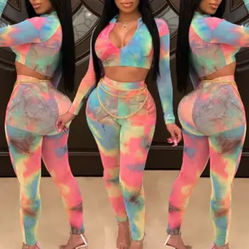 

2 Two Piece Set Women Long Sleeve O Neck Crop Top and Long Pants Set Sexy Multi Color Printed Sexy Fashion Tracksuit Women 2019