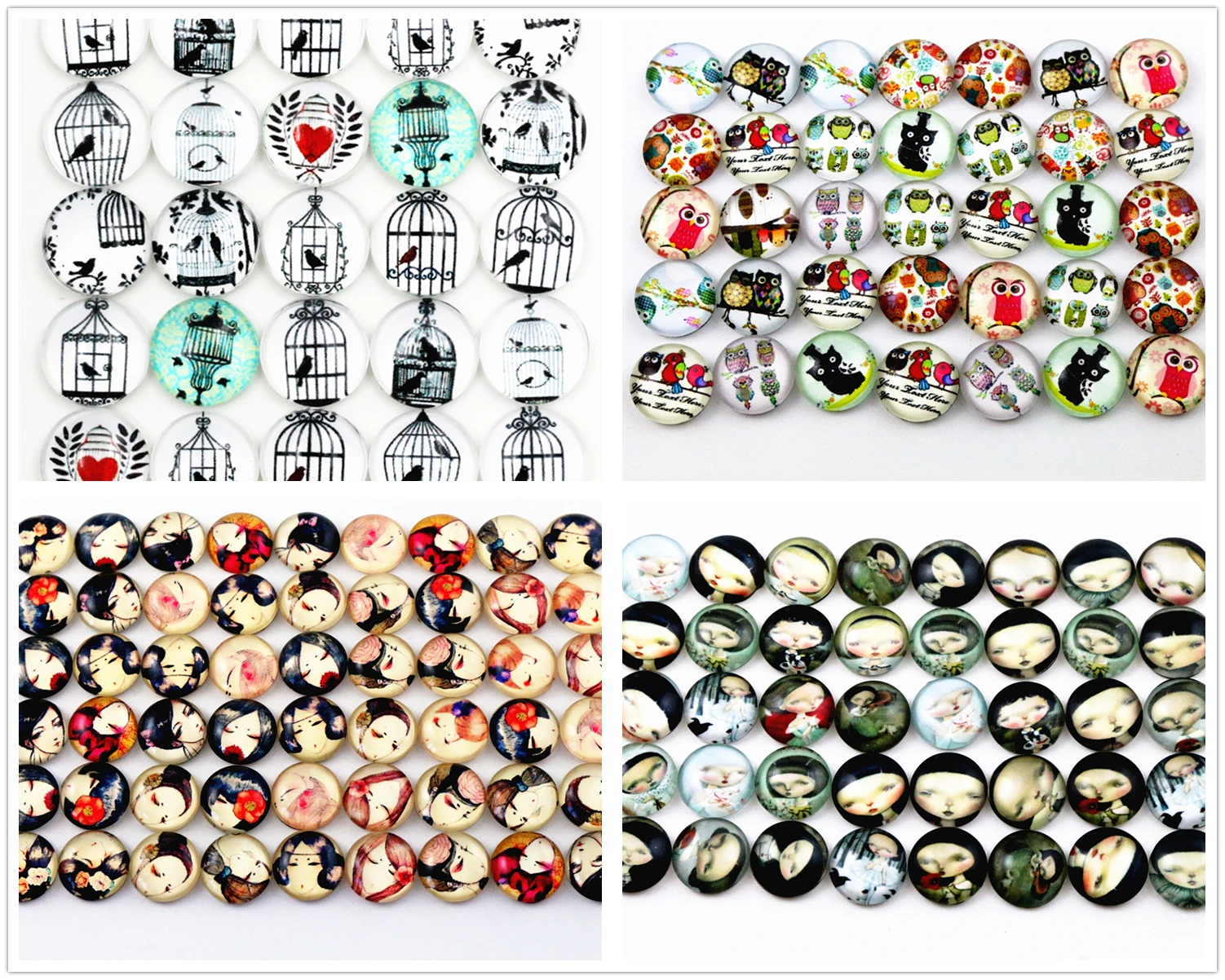

50pcs 12mm New Fashion Mixed Japan Girl Skull Owl Style Handmade Photo Glass Cabochons Pattern Jewelry Accessories Supplie
