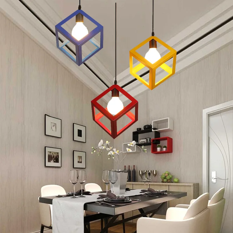 Industrial Wrought Iron Pendant Lamp Cube Triangle Drum Drop Lighting Retro Loft Pendant Light Indoor Lights Restaurant Dining Room Bar Home Light (23)