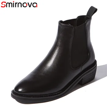 

Smirnova new arrival 2018 hot fashion leather boots round toe black ankle boots for women square low heels female casual shoes