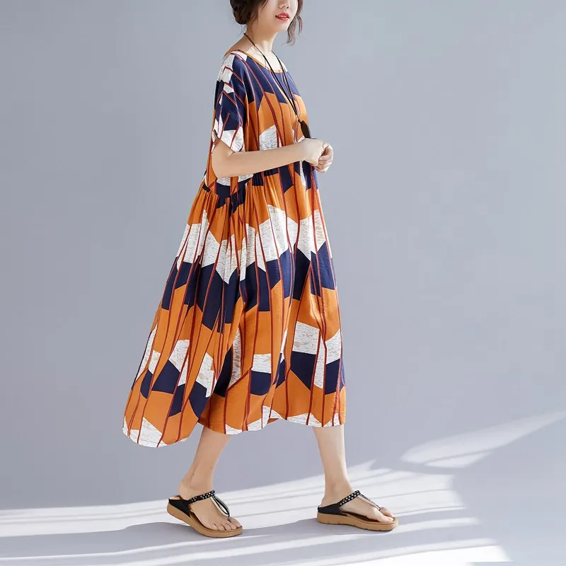 

Summer Cotton Linen Dress Casual Women Plaid Print Short Sleeve O Neck Vestido Plus Size Oversized Loose Elegant Lady Dresses