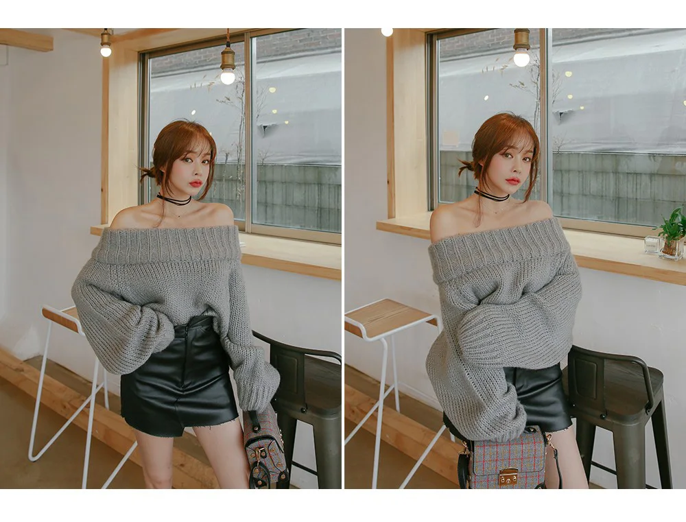 Женские свитера, зима, корейская мода, шикарный свитер с открытыми плечами, пуловер для женщин, рукав-фонарик, вязаный свитер большого размера
