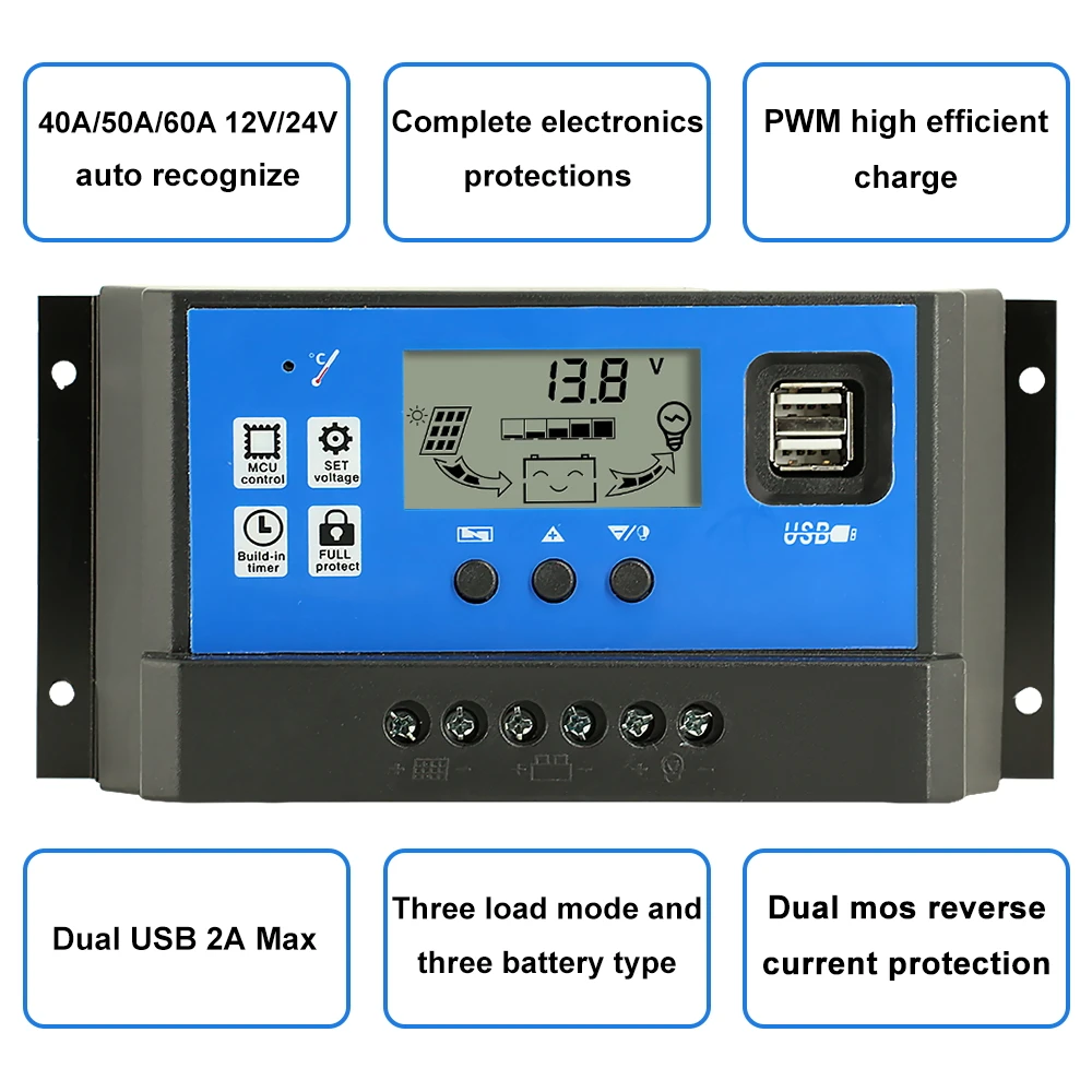 Y-SOLAR PWM 60A 50A 40A 30A 20A 10A Солнечный контроллер заряда и разряда 12V 24V Авто ЖК-дисплей солнечный регулятор с двумя USB 5V