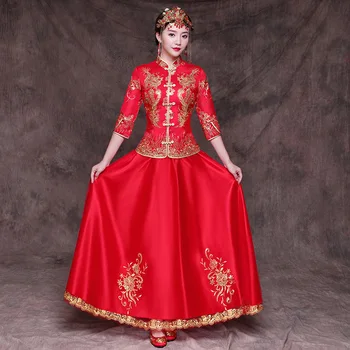 

Chinese Ancient Wedding Bride Dress Marriage Suit Red Floral Women Elegant Qipao Traditionl Oriental Cheongsam Toast Clothing