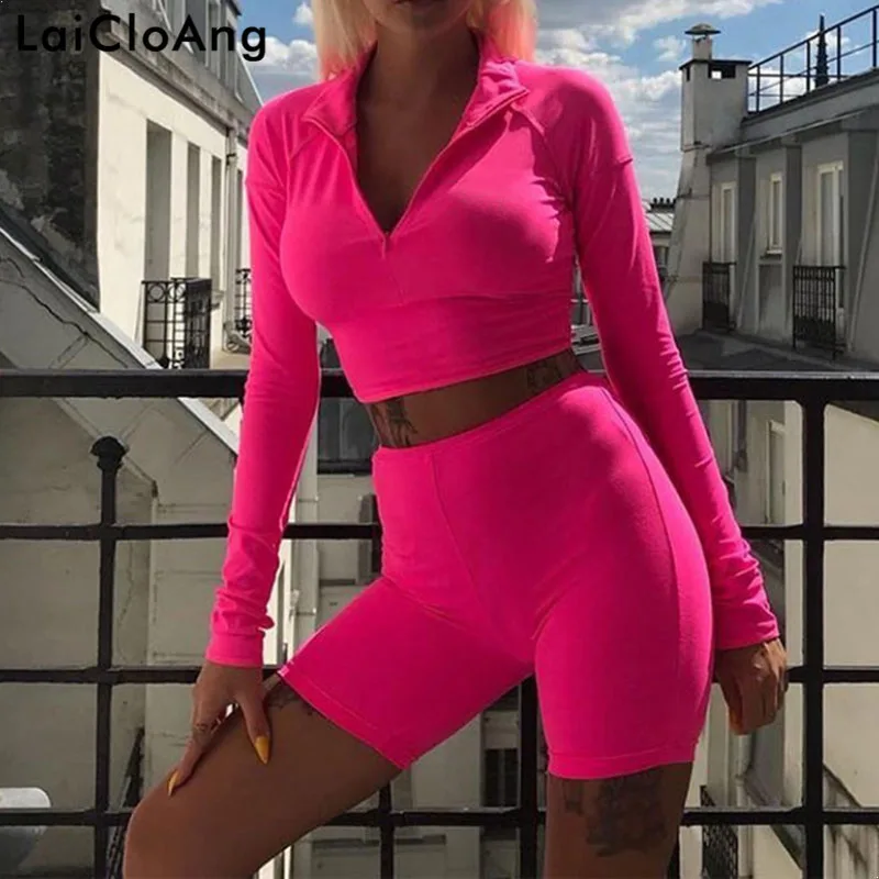 

LaiCloAng Long Sleeve Casual Two Piece Set Playsuit Women Fashion High Neck Spring Crop Top and Shorts Set Solid Women Jumpsuit
