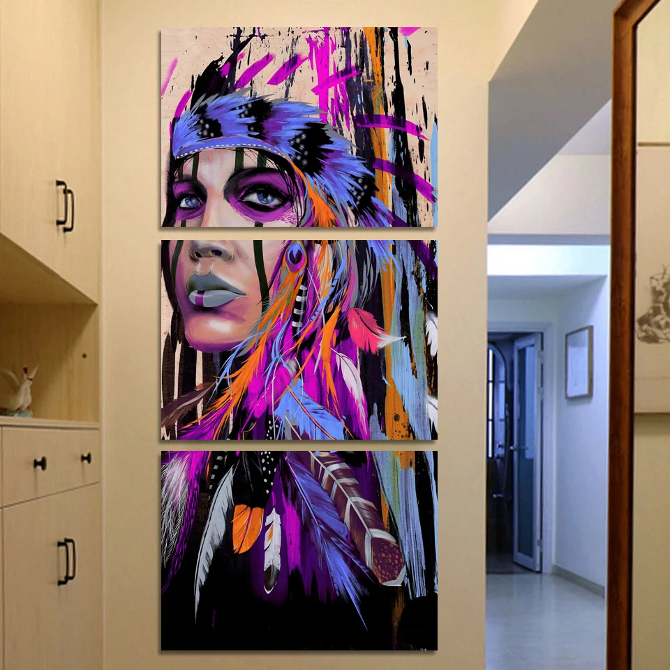 

Modular Canvas Picture 3 Panel Native American Indian Girl Feathered Print Painting Wall Art For Living Room Modern Cuadros Fram