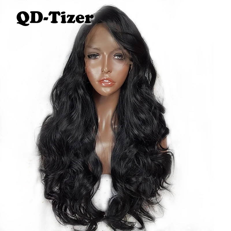 QD-Tizer Hair Body Wave Black Color Lace Front Wigs Natural with Bangs Long Wavy Synthetic Lace Front Wig for Beauty Women