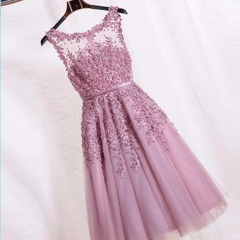 2016-Dust-Pink-Beaded-Lace-Appliques-Short-Prom-Dresses-Robe-De-Soiree-Knee-Length-Party-Evening
