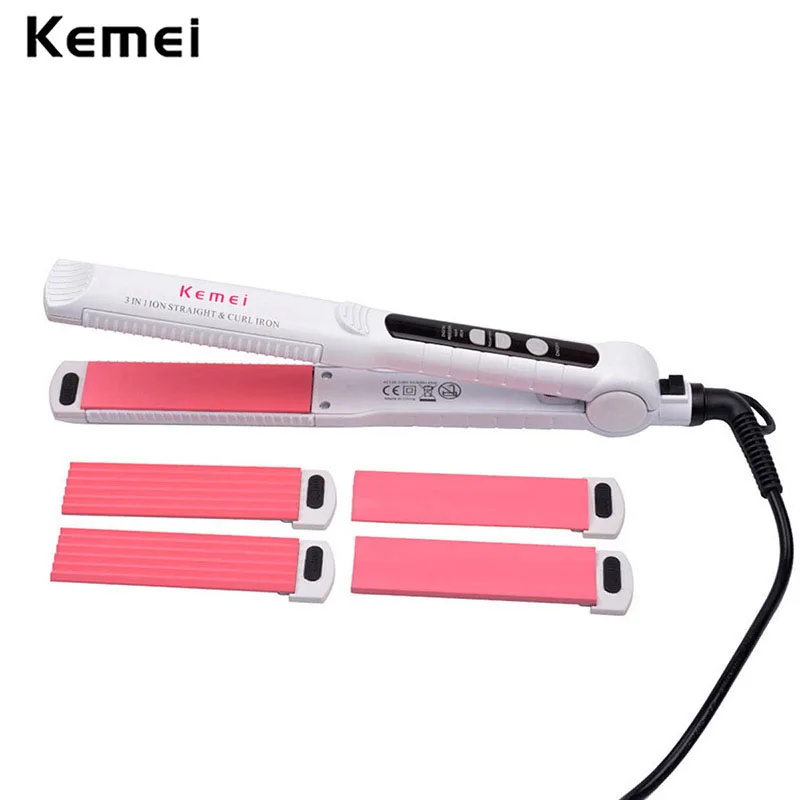 

3 In 1 Tourmaline Ceramic Hair Curler Curling Wand+Straightener Flat Iron+Corn Plate Hair Crimper Waver Styling Tool LED Display