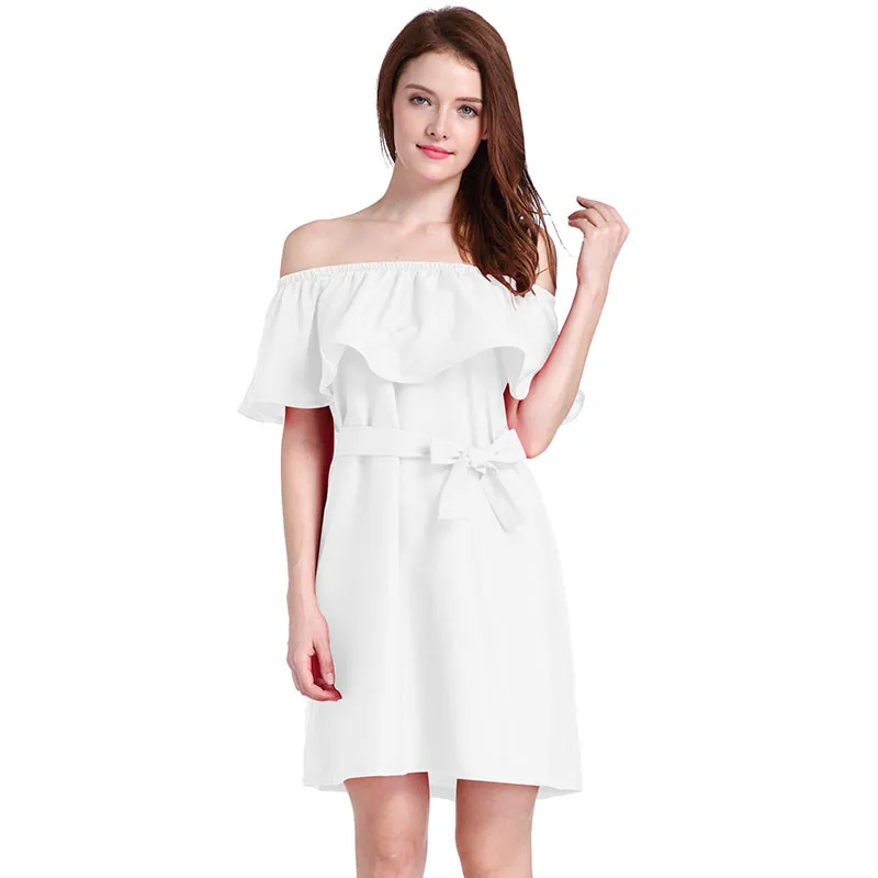 Ahamgen Ruffles Slash Neck Women Dress Summer Style Off Shoulder Sexy Dresses Vestidos White Tube Beach Dress Cotton17
